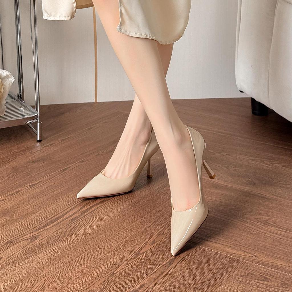 Women's Nude Patent Leather Pointed Toe Stiletto Heels - Comfortable, Low-Cut, Professional Work Shoes