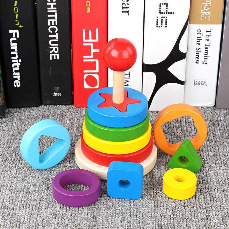 Wooden Rainbow Stacking Tower: Educational Toy for Color and Shape Matching