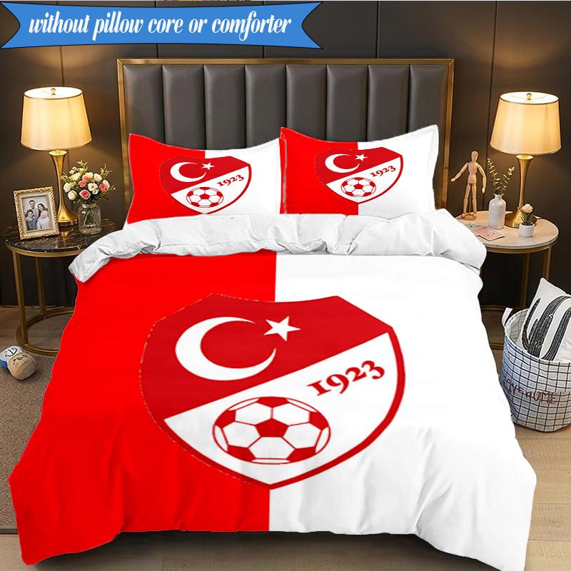 3PCS Turkish Football Emblem Bedding Set 2D Printing (Includes 1 Duvet Cover + 2 Pillowcases Coreless), Bedroom decor,Fan gift