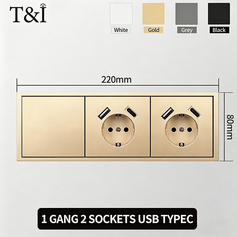 Flush Mount EU Electrical Socket 16A 250V with USB Type-C Charging 1/2 Gang Switch, 80x80mm Golden Panel for European Standard