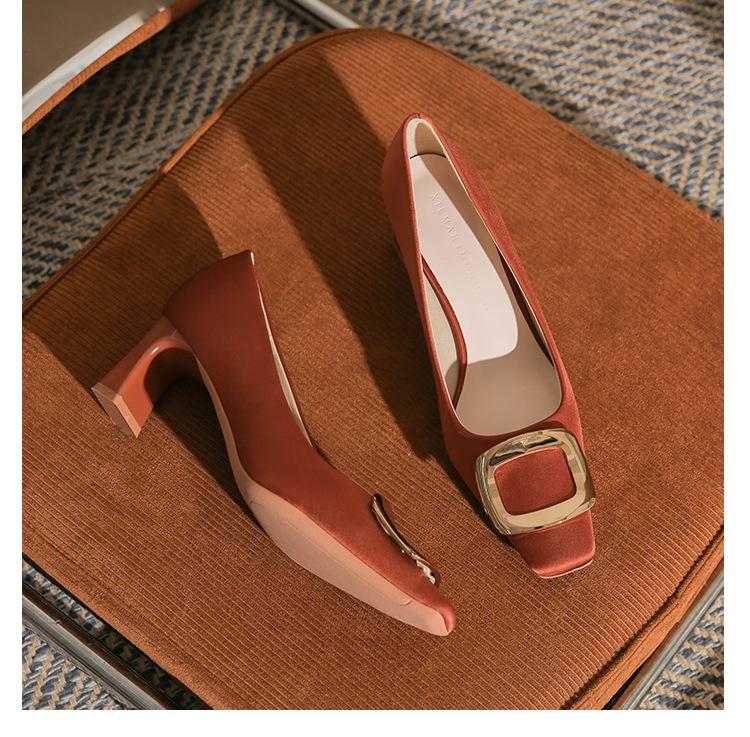76055B Fashion Classic Square Head Thick Heel Women's Single Shoes High Sense Sexy Versatile Square Buckle Women's Single Shoes
