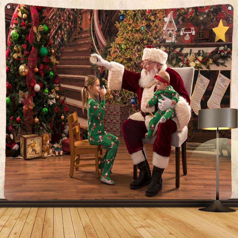 Merry Christmas Santa Claus Fireplace Print Pattern Tapestry Home Living Room Bedroom Decoration Background Cloth Tapestry