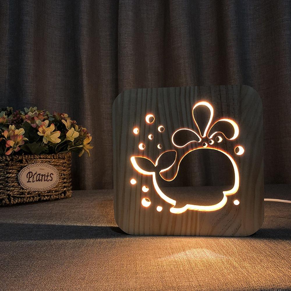 Whale Pattern Wooden 3D LED Light Hollow Carving 3D Wood Light  Gift Novel