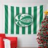 Green and White Vertical Stripes with a Circular Logo In the Center. Patterned Tapestry for Bedroom and Living Room Home Decor