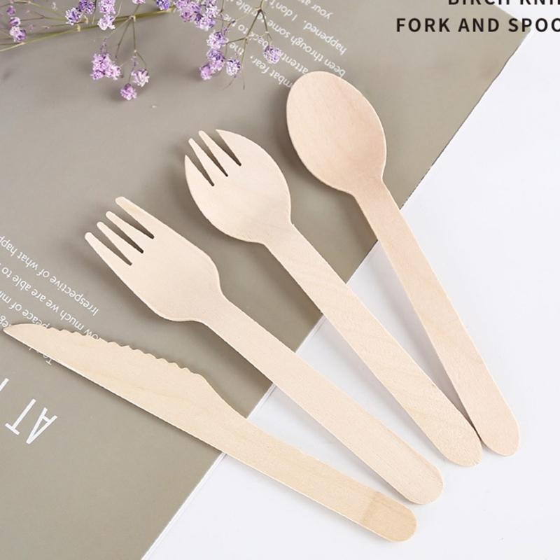 Wooden Eating Utensils Pack of 100 Disposable Cutlery Spoon Fork Knife Birchwood Cutlery Set Environmentally Friendly