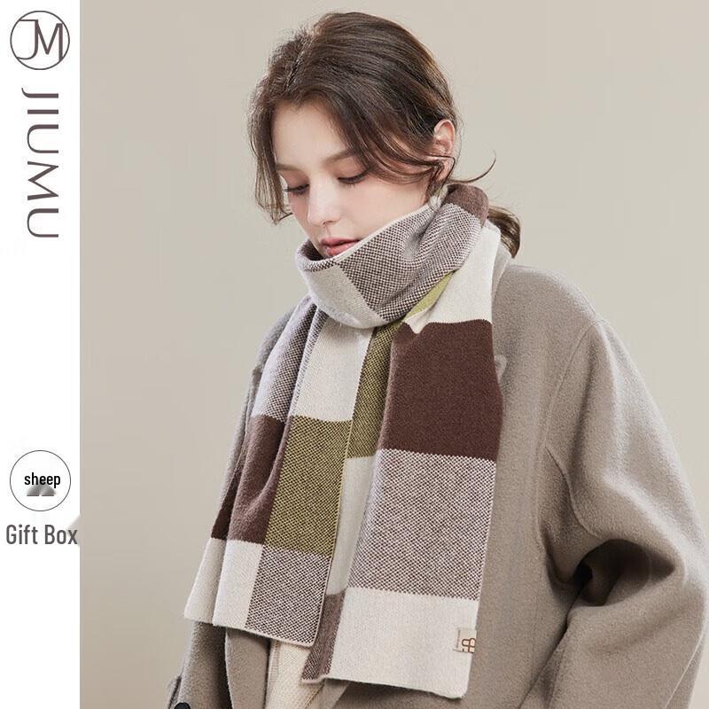 JIUMU Women's Retro Plaid Wool Blend Shawl Scarf