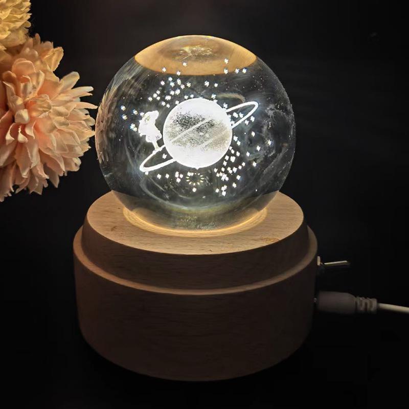 Rotating Crystal Ball Music Box Night Light - Solid Wood Ornament for Bedroom or Office