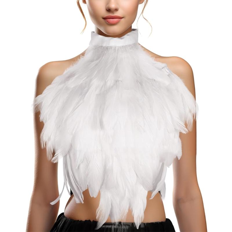 Gothic Feather Shrug Witch Angel Costumes Accessories Feather Halter Tank Top Body Harnesses Vest for Halloween Cosplay белый