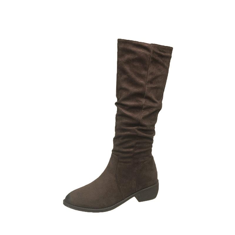 Cowhide Version But Knee High Boots Children's Long Boots Pointed Thick Heel Pleated Pile Boots Western Cowboy Knight Boots