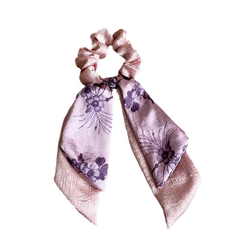 Double-layer Satin Fabric Floral Lace Bow Big Hair Band with Long Tassel Ponytail Hair Tie, A High-end Hair Tie with A Chic Design