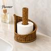 Brown Plastic Paper Stand Imitation Rattan Toilet Holder, Round Woven Towel Dispenser, Sturdy Roll Support Boho Tissue Organizer for Bathroom