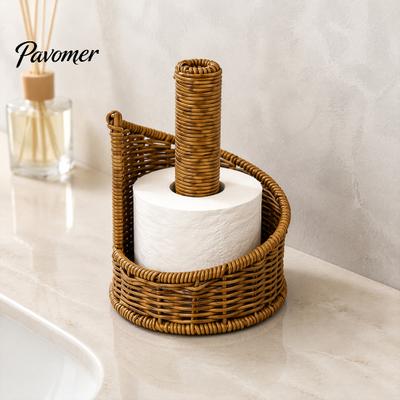 Brown Plastic Paper Stand Imitation Rattan Toilet Holder, Round Woven Towel Dispenser, Sturdy Roll Support Boho Tissue Organizer for Bathroom