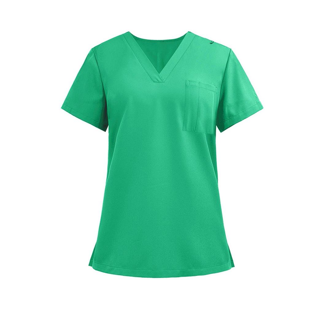Ladies' Lightweight Solid Color V-neck Pocket Side Slit Short Sleeved Shirt