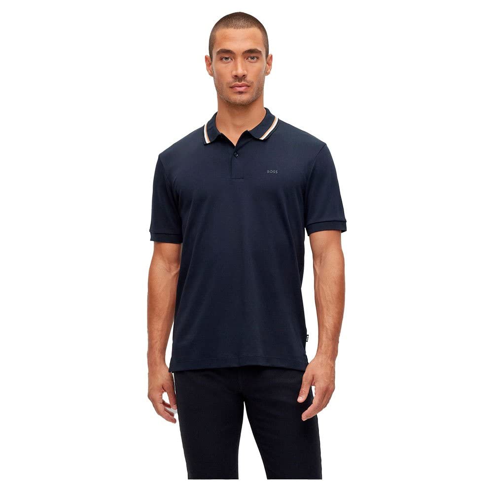 BOSS Slim Fit Cotton Polo Striped Size M Men's Shirt, Navy, Collar,