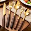 4/5pcs Western Wooden Handle Dinnerware Set Mirror Gold Stainless Steel Tableware Set Knife Fork Coffee Spoon Table Silverware