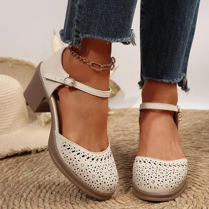 Ankle Strap High Heels Sandals for Women 2025 Summer Hollow Out Breathable Pumps Woman Comfortable Chunky Heeled  Shoes