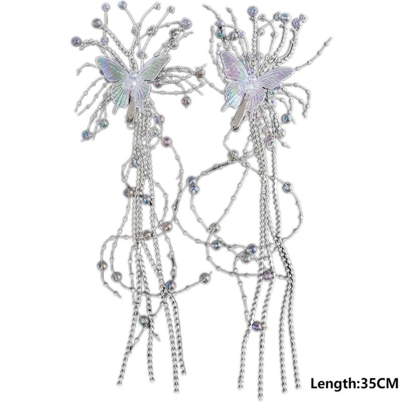 Long Crystal Butterfly Bead Tassel Hair Clips for Women Shiny Luxury Headwear Side Bangs Double Ponytails Photos Accessory Gift