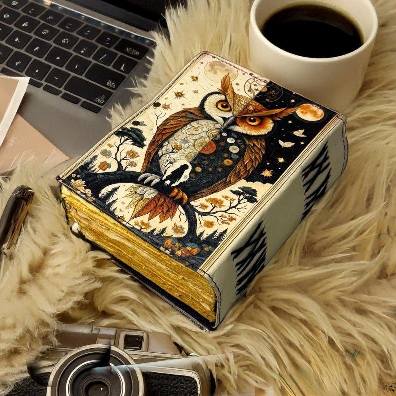 Handmade Leather Owl Journal with Lock – Vintage Refillable Diary, Gift for Writers