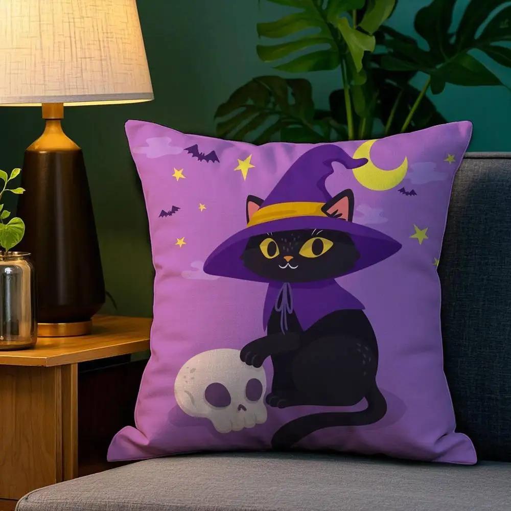 Halloween Cute Purple Cat Pillow Case Plush Fabric Soft Double Sided Print Sofa Cushion Cover Throw Pillow Covers