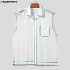 INCERUN Men Lapel Neck Sleeveless Buttons Up Stitching Semi-Sheer Casual Tank Tops