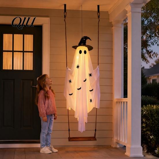 Waterproof Fabric Yard Ornaments Large Hanging Swing Ghost Halloween Decoration, 5FT Spooky on A Outdoor for Lawn with Witch Hat Tree Porch