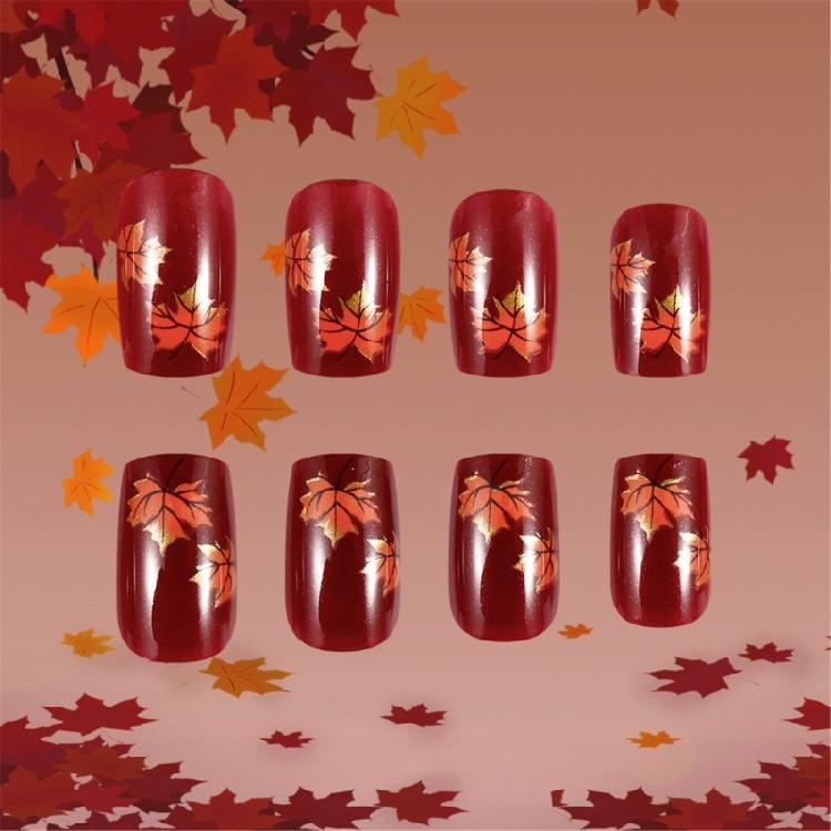 Thanksgiving Press On Nail 24pcs Maple Leaf Themed Short Square Holiday Artificial Acrylic Stick on Nail for Women