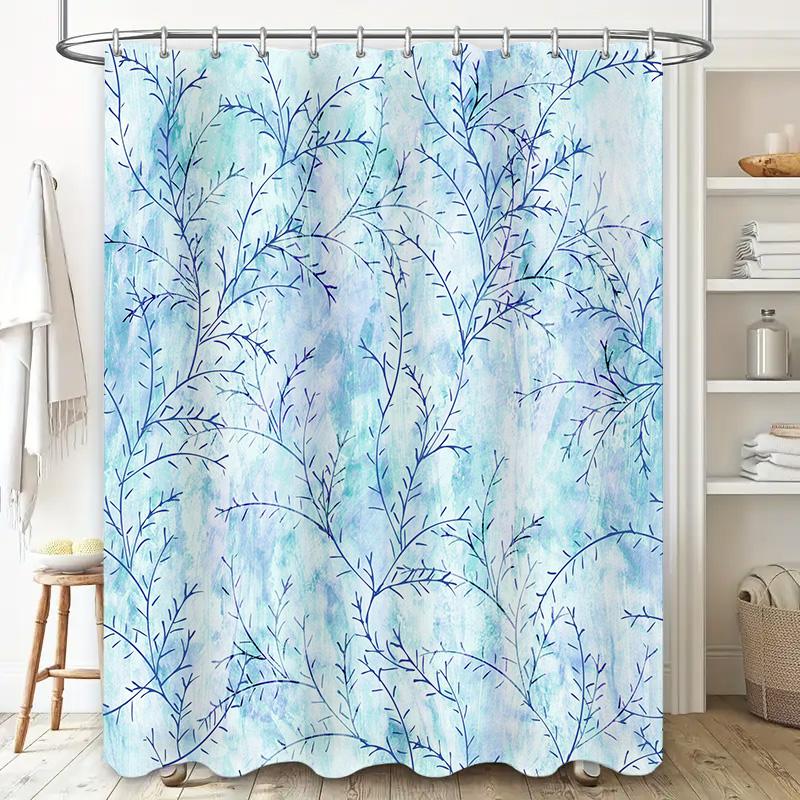 Watercolor Branch Shower Curtain Blue White Floral Print for Bathroom Decor Polyester Fabric Waterproof Shower Cakeshield