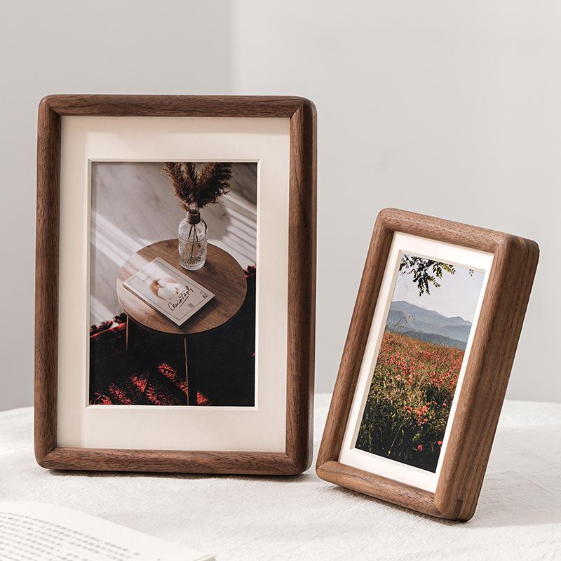 HeMu Minimalist Solid Wood Photo Frame, Walnut Wood Picture Frame with Mat, Tabletop & Wall Mounted Photo Display for Home Decor 7 inch