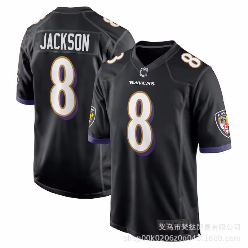 Camiseta NFL Baltimore Ravens para Hombre 8 Lamar Jackson 14 Marquise Brown Morado Blanco Negro Mezcla de Algodón Manga Corta Cuello en V Fanático del Deporte