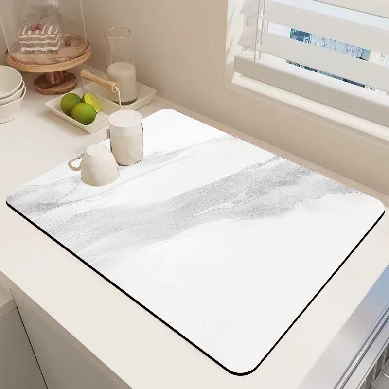 Light Grey Ink Marble Coffee Mat Quick Drying Absorbent Non Slip Coffee Machine Counter Protector Mat Coffee Decor Rug