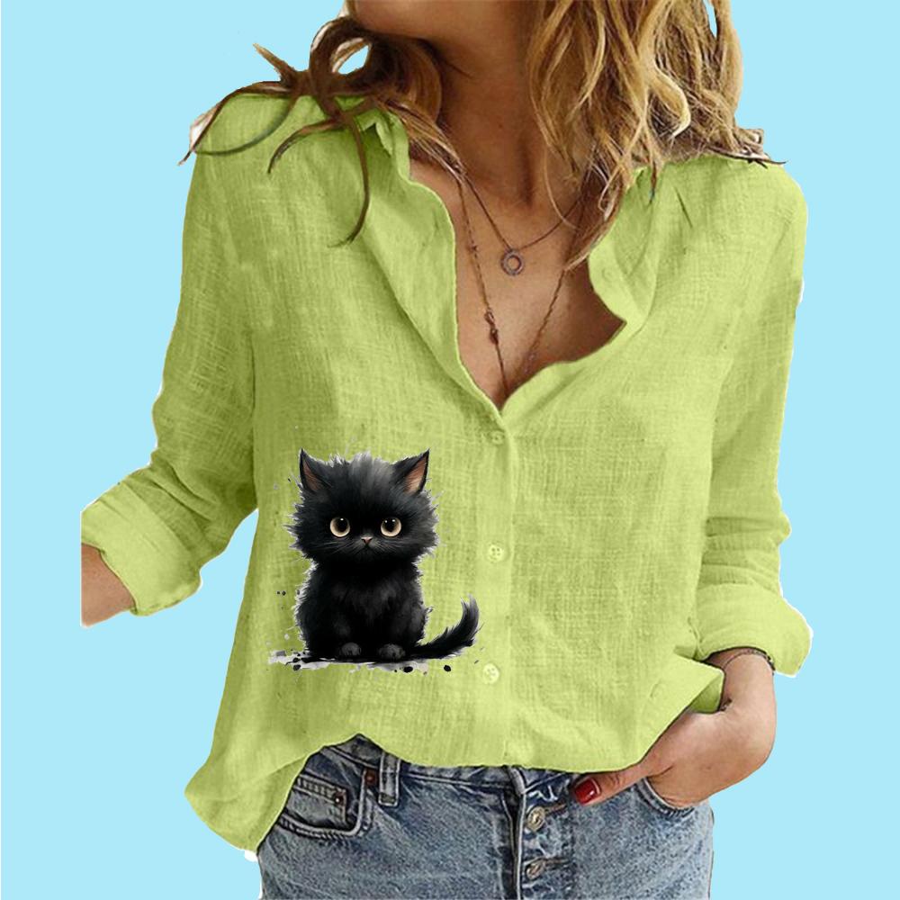Women Fashion Buttoned Long Sleeve Shirt Ladies Casual Thin Cotton Linen Print Top Stand Neck Long Sleeved Blouse