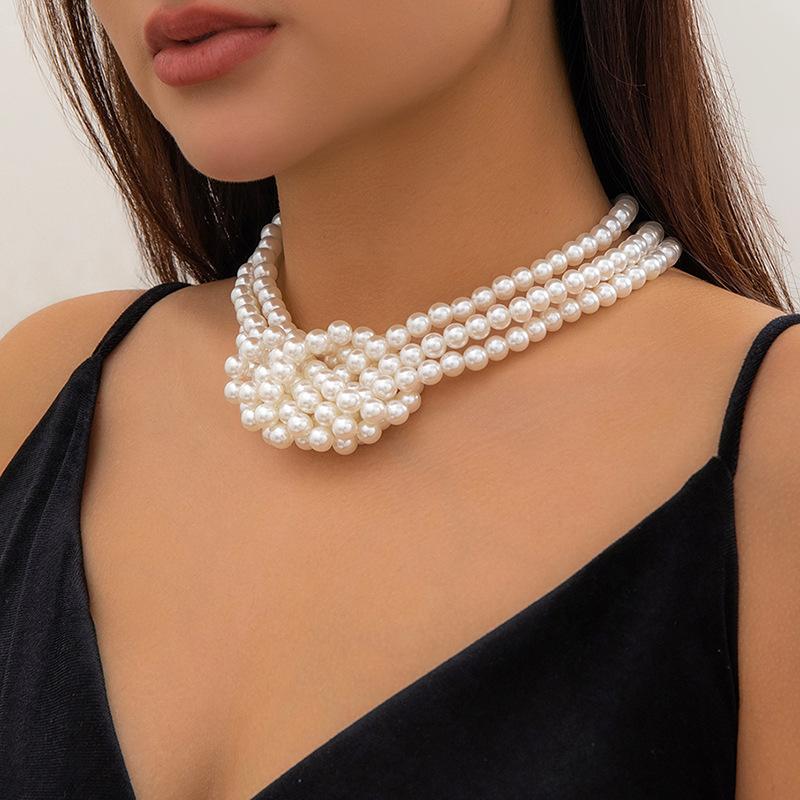 Style Fashion Retro Splicing Knotted Multi-Layer Imitation Pearl Necklace Women French Beaded Collarbone Chain Choker