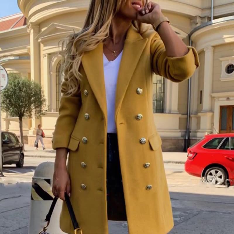 

Женское шерстяное пальто осень-зима с длинным рукавом, однотонное, с отложным воротником, двубортное женское пальто, верхняя одежда для женщин L жёлтый