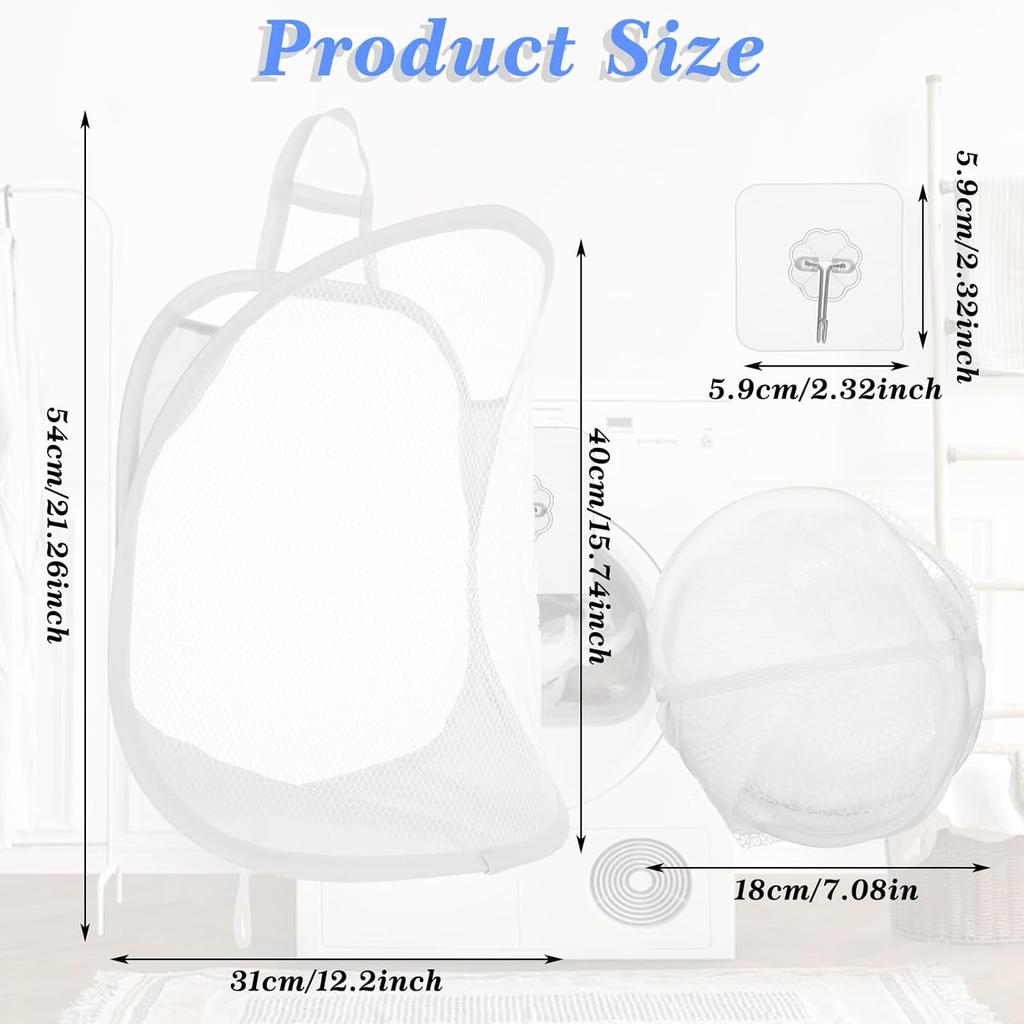Ouligay 2Pcs Hanging Laundry Hamper Bag, Mesh Hanging Laundry Basket, Foldable Space-Saving Laundry Organizer, Grey & White, Polyester, Portable,
