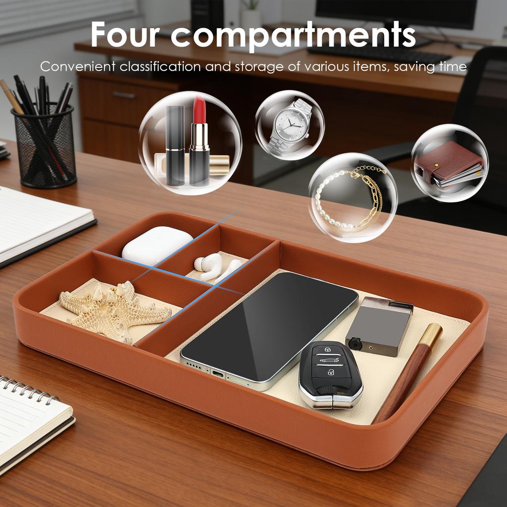 4-Compartment Storage Tray Stylish PU Leather Tray Multipurpose Bedside Desk Holder Decorative Entryway Tray for Phone Key Watch