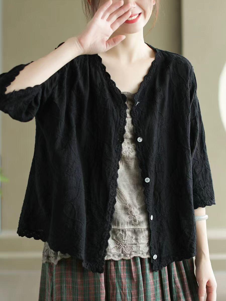 

Johnature Однотонная вышитая рубашка в стиле три четверти с V-образным вырезом, женская осенняя модная однобортная свободная рубашка One Size чёрный