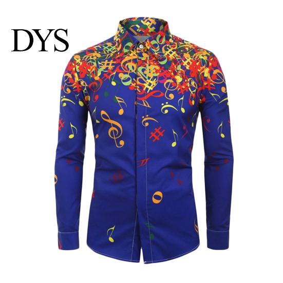 Men Autumn Musical Note Printed Long Sleeve Turndown Collar Shirt Blouse Top