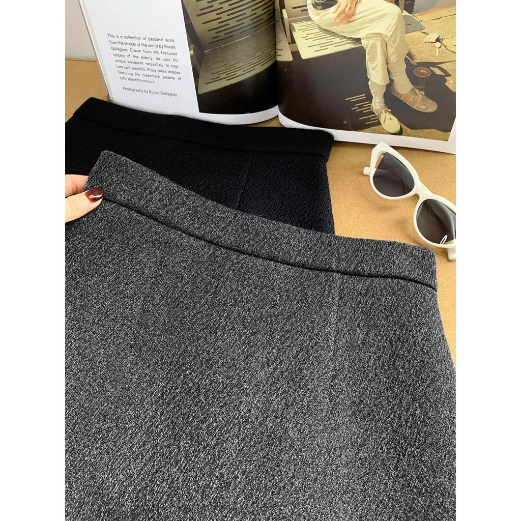 Plus Size Grey Ruffle A-Line Woolen Skirt – High-Waisted, Slimming, Hip-Hugging for Autumn/Winter