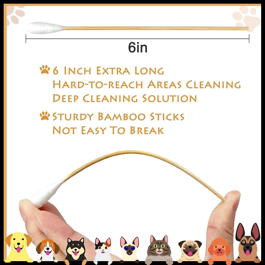 Eyxformula 6 Inch Long Cotton Swabs for Pet Cleaning, Bamboo Handle, Pet Ear Cleaning Solution Supplies for Dogs and Cats (100 Pcs Large Cotton Swabs)
