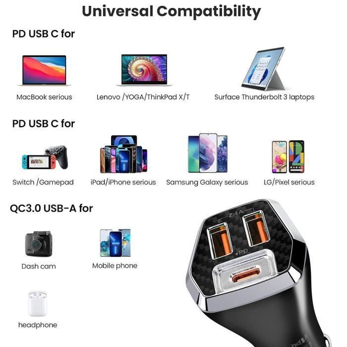 Universal Car Charger Phone, USB-C and USB-A, Cigarette Lighter Black