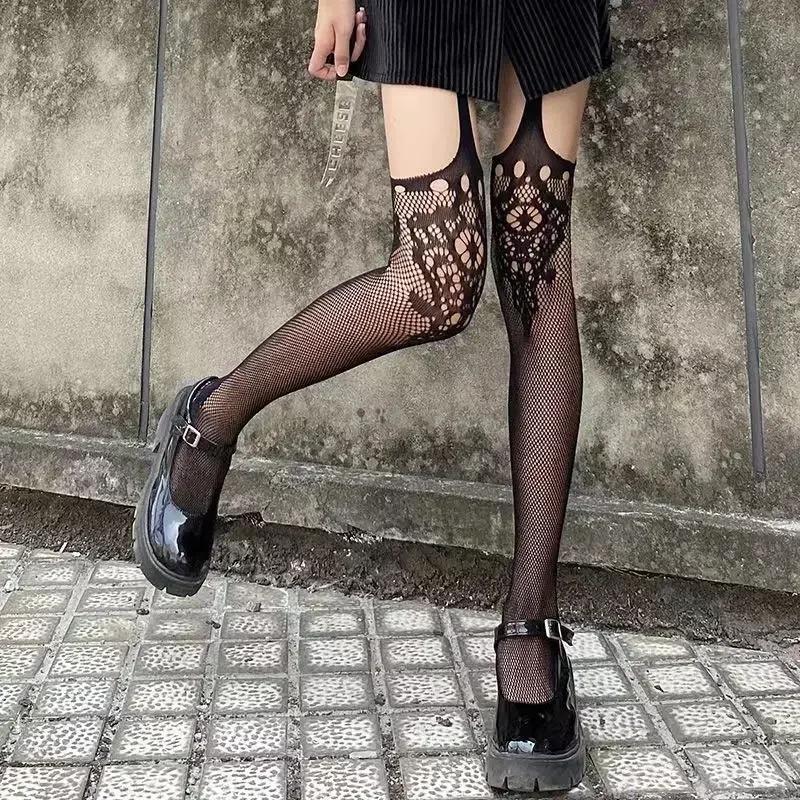Women Classical Design Harajuku Emo Mesh Tights Lingerie Thigh High Garters Hosiery Gothic Dark Girl Long Sexy Fishnet Stockings