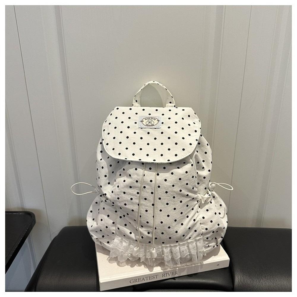 Korean Style Polka Dot Backpack Large Capacity Lace Trimmed Drawstring Backpack Drawstring Closure Flip Design School Daypack