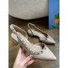 Rivet Single Shoes Women's Thick Heel Pointed Toe Nude French Flats 2025 Spring New Side Empty Patent Leather Bag Head Sandals