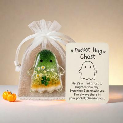 1/2/4/5 Stück Taschen-Umarmungsgeist mit positiver Karte Emotionaler Unterstützungs-Geist-Token Mini Halloween Cartoon Geist Statue Inspirierendes Geschenk