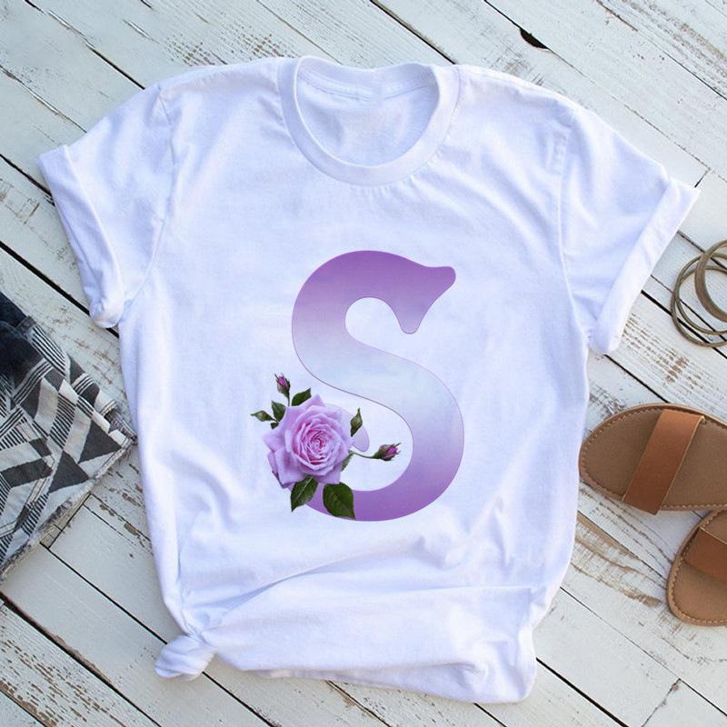 New English Name Rose Monogram Printed Tshirt Flower Short Sleeve Top Tshirt Women Clothing Graphic T Shirts Tops Aesthetic