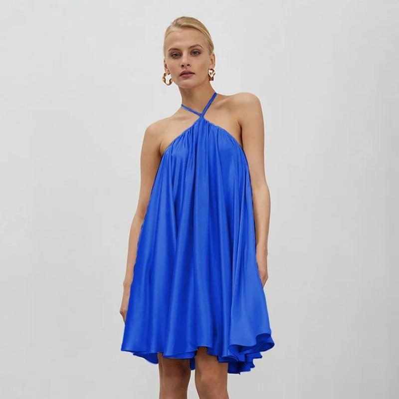 

2024 летнее сексуальное платье без рукавов с высокой талией, элегантное однотонное атласное платье с открытой спиной, повседневное женское платье-комбинация с лямкой на шее 28167 L синий