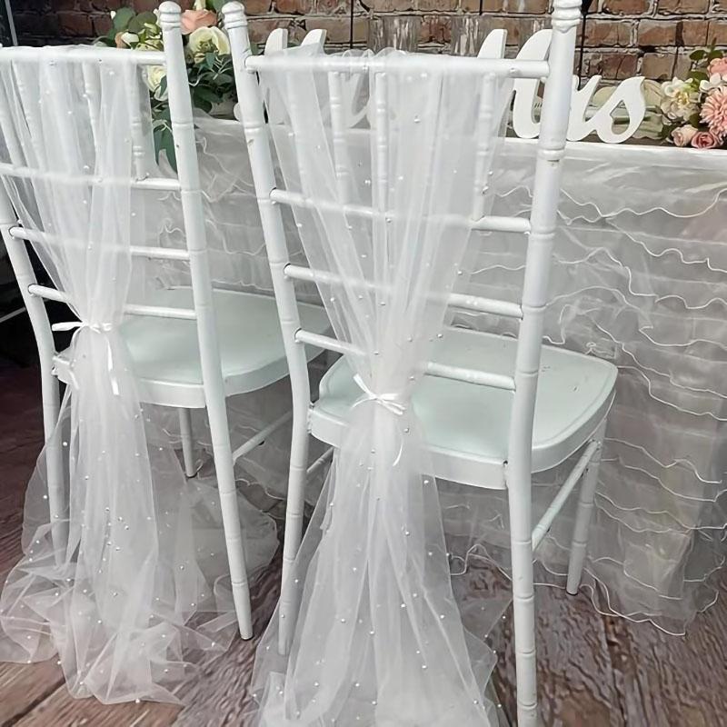 2pcs Pearl Tulle Chair Sashes 75x200cm Organza Fabric Sheer Tulle Chair Drapes For Wedding Party Event Banquet Home Decoration