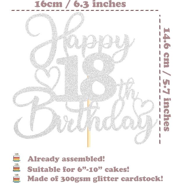 Sotpot 1PC Happy 18th Birthday Cake Topper Double-sided Silver Glitter Cake Pick Cake Decoration for 18th Birthday Anniversary Party Cake Decorations