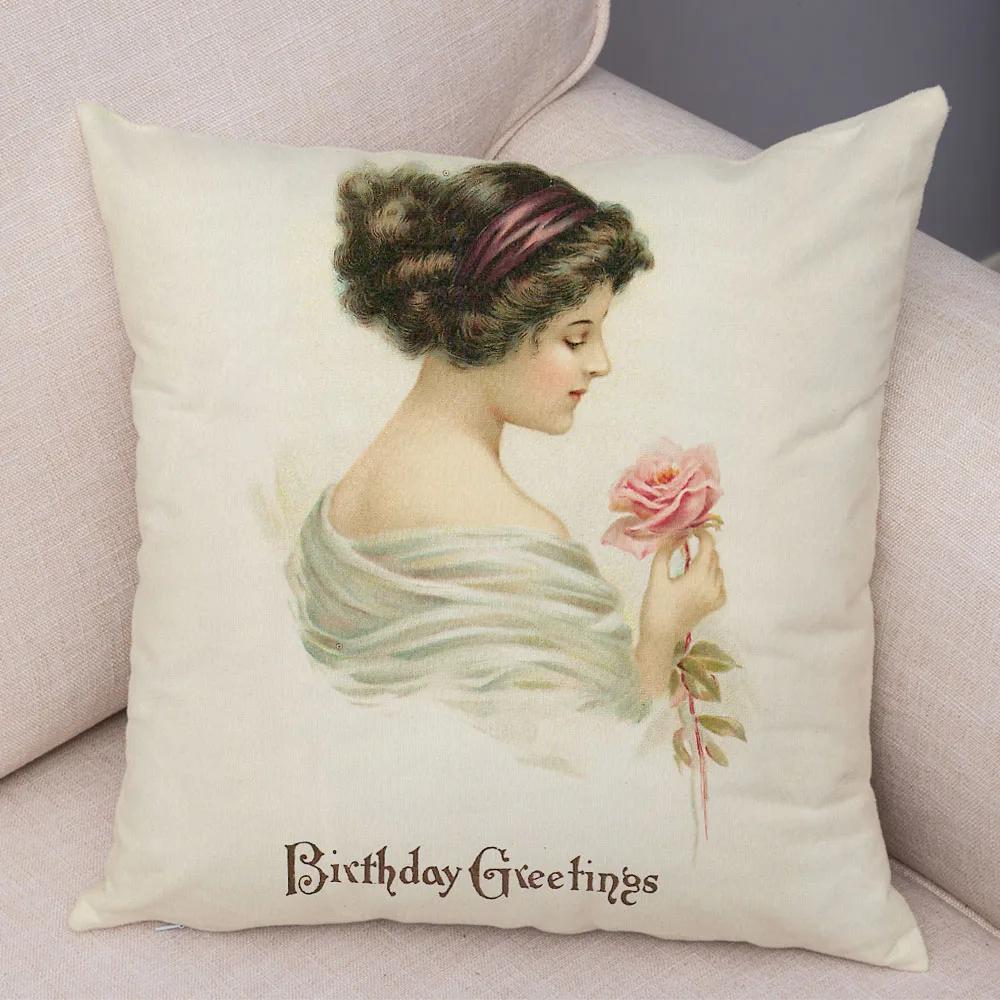 European Lady Cushion Cover Decor Vintage Style Elegant Women Print Pillowcase for Sofa Home Car Soft Plush Pillow Case 45x45cm