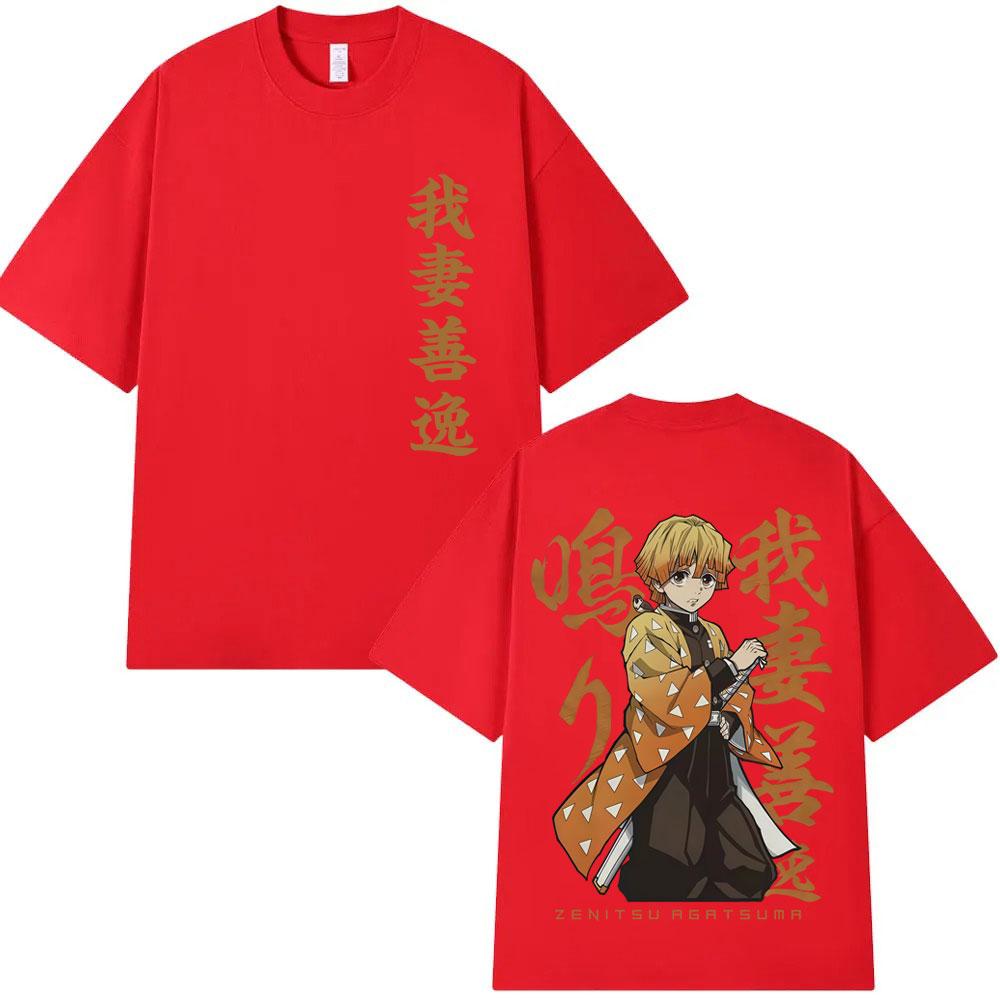 Anime Demon Slayer Agatsuma Zenitsu Double Sided Print T Shirt Men Women Fashion Oversized Short Sleeve Tshirts Male Streetwear